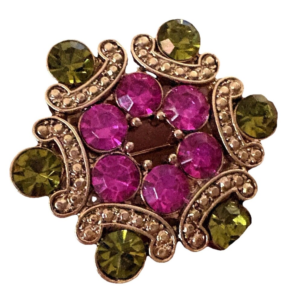 Vintage Rhinestone Brooch Pink Green Floral Gold Tone Mid Century Round Pin 1.5”